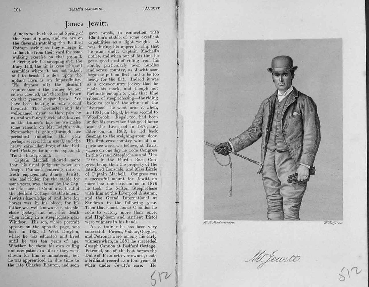 Original Old Antique Print 1891 James Lewitt Portrait Sportsman Baily'S 19th
