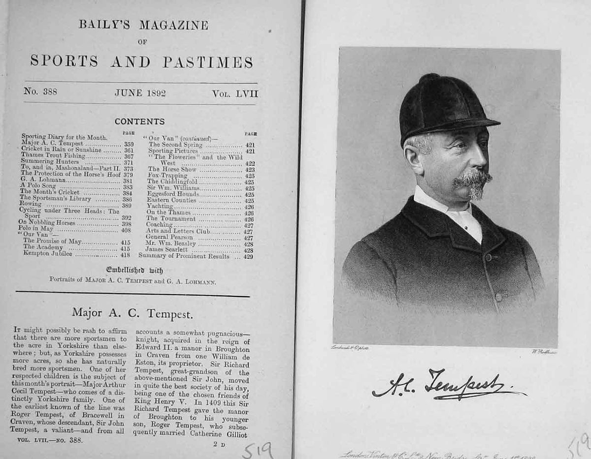Original Old Antique Print Portrait 1892 Major A.C Tempest Sportsman Victorian