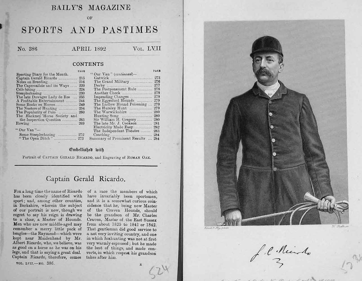 Original Old Antique Print Portrait 1892 Captain Gerald Ricardo Hunting 19th