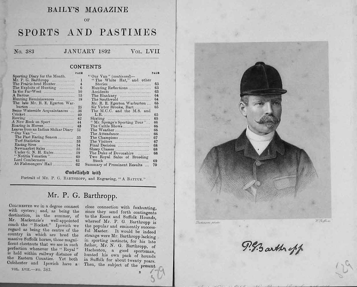 Original Old Antique Print Mr P.G Bathropp Master Hunting Portrait 1892 19th