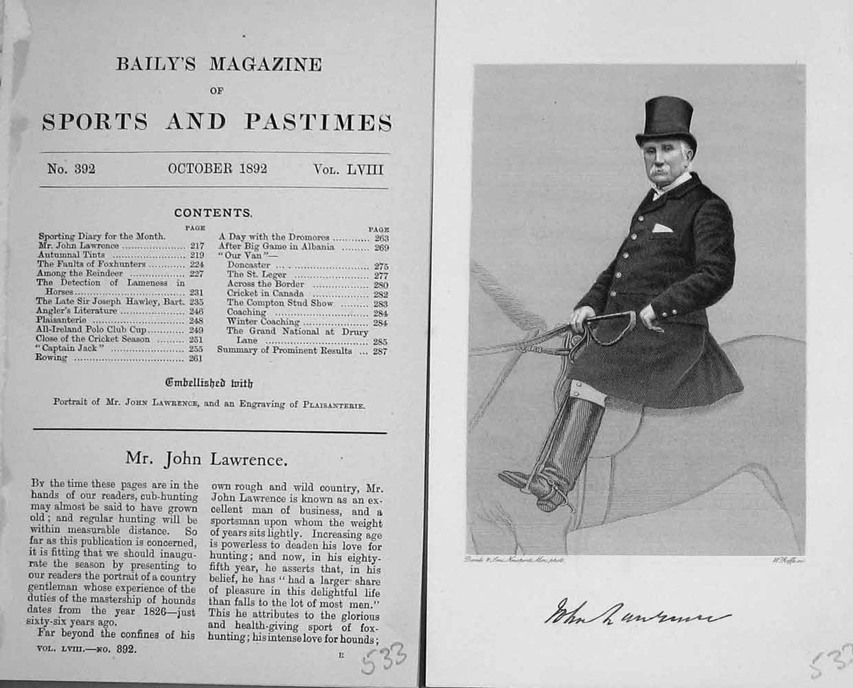 Original Old Antique Print Mr John Lawrence Sportsman Portrait 1892 Victorian