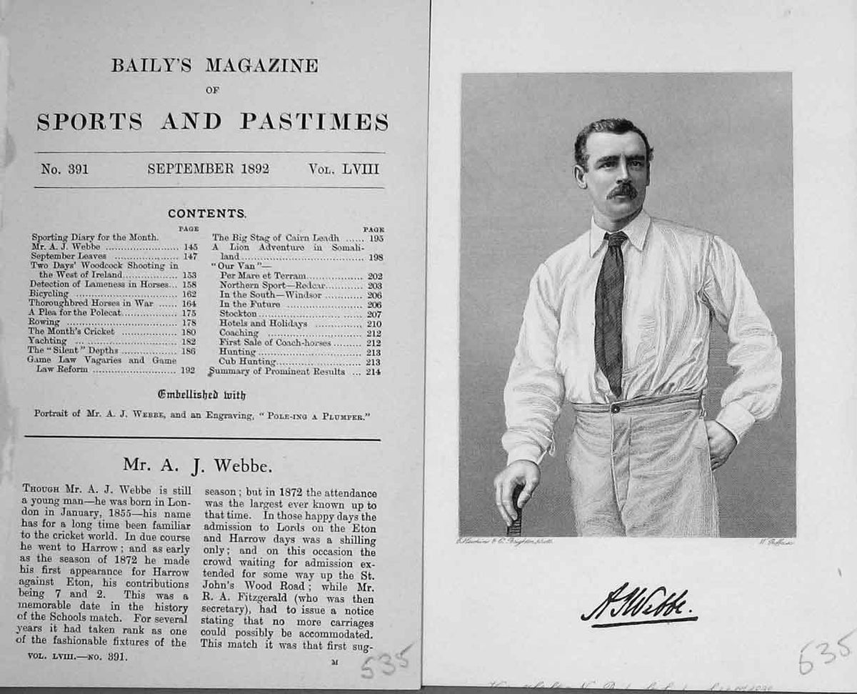 Original Old Antique Print Portrait 1892 Mr A.J Webbe Cricket Sportsman 19th