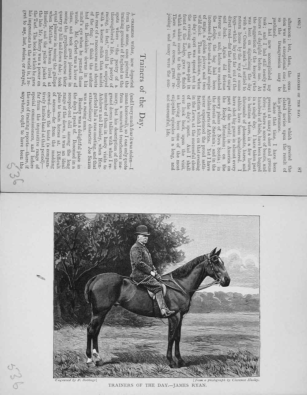 Old Antique Print Horse Trainers James Ryan Sport 1892 Baily'S Magazine 19th