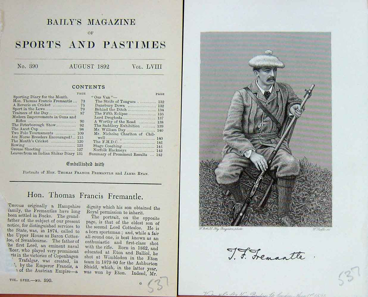Original Old Antique Print Portrait 1892 Thomas Francis Fremantle Sport 19th