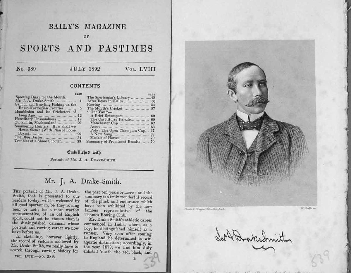 Original Old Antique Print Mr J.A. Drake-Smith Sportsman Portrait 1892 19th