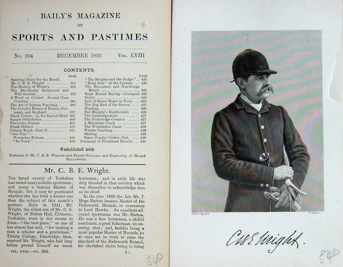 Original Old Antique Print Portrait 1892 Mr C.B.E Wright Sportsman Hunting 19th