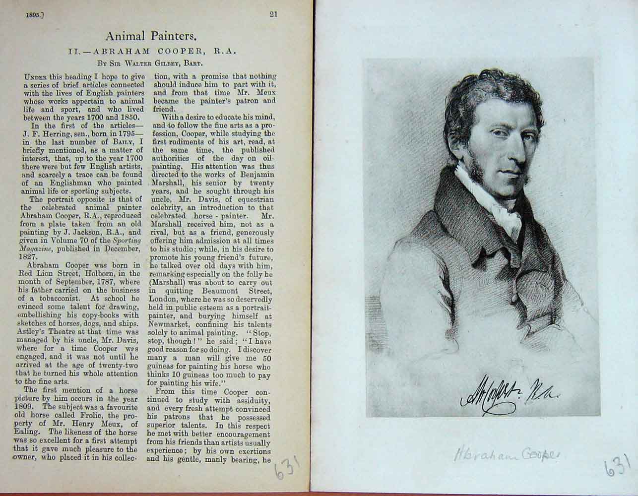 Original Old Antique Print Portrait 1895 Abraham Cooper Baily'S Magazine 19th
