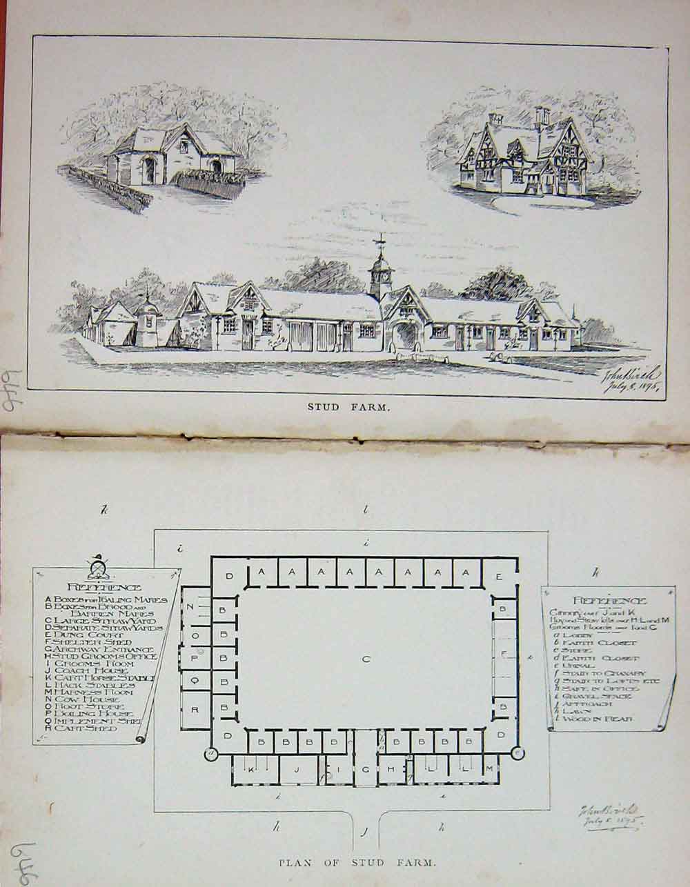 Original Old Antique Print Stud Farm Plan Horses Baily'S Magazine 1895 19th
