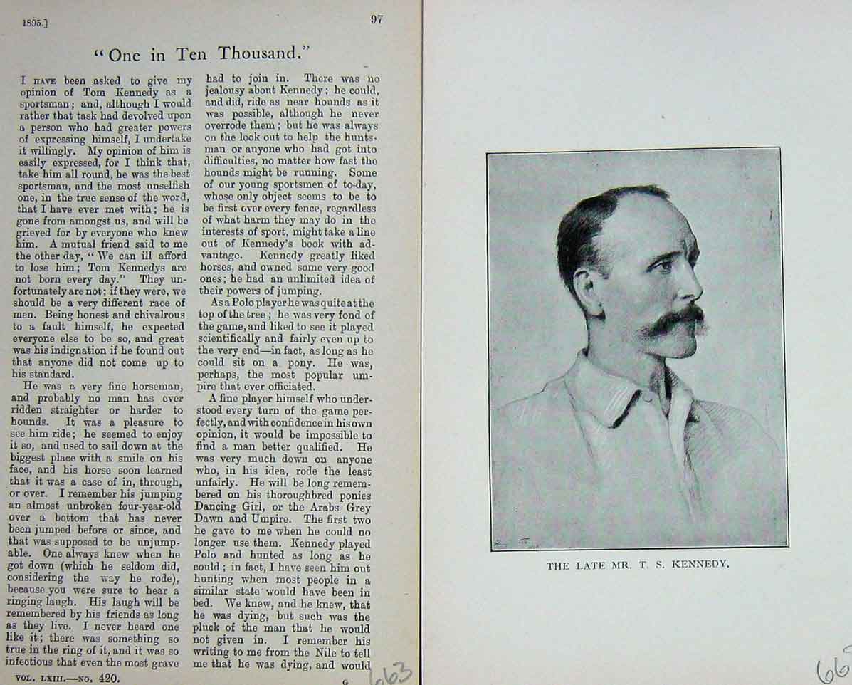 Original Old Antique Print Portrait 1895 Late Mr T.S Kennedy Sportsman 19th