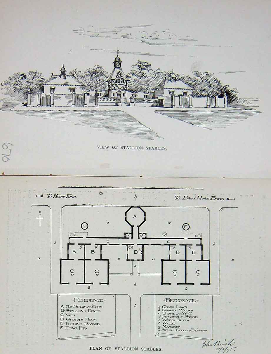 Original Old Antique Print Plan View Stallion Stables Horses Sport 1895 19th