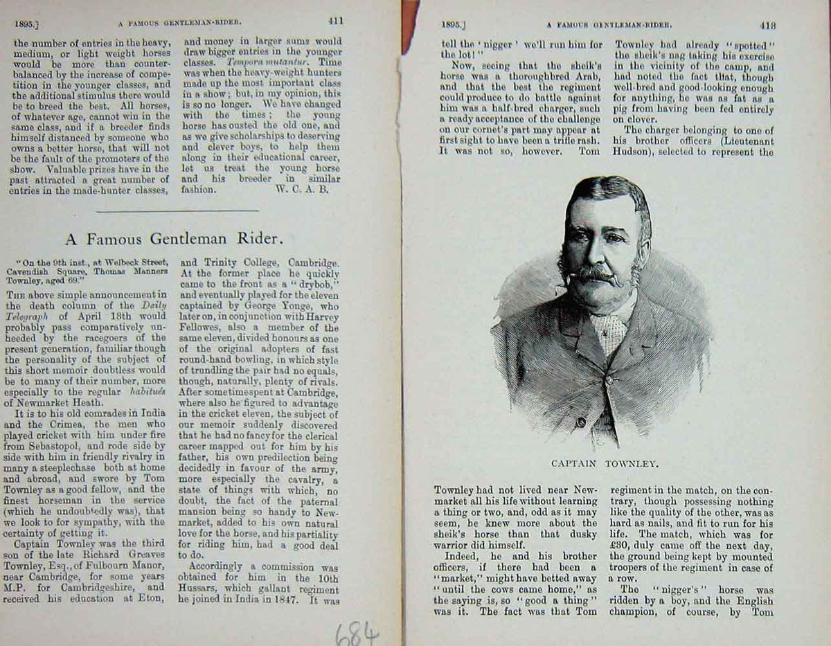 Original Old Antique Print Portrait 1895 Captain Townley Gentleman Rider 19th
