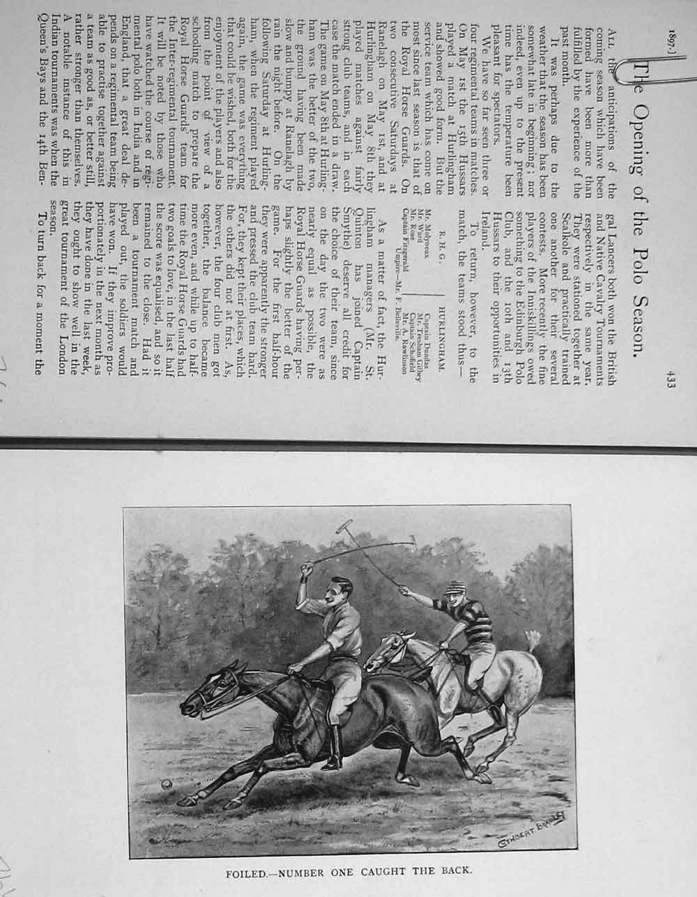 Original Old Antique Print Polo Ponies Sport Horses Men 1897 Baily'S Magazine