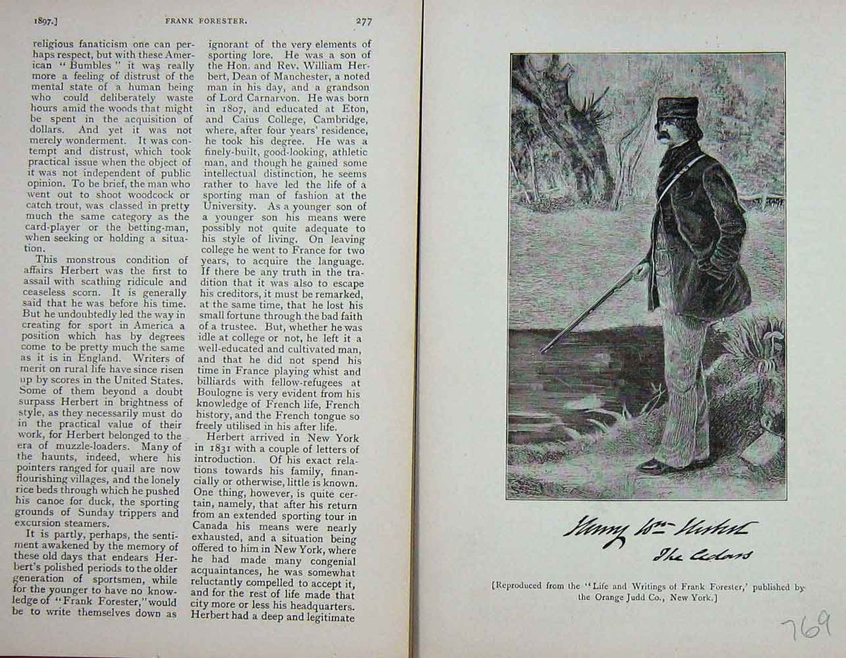 Original Old Antique Print Portrait 1897 Man Hunting Sport Frank Forester 19th