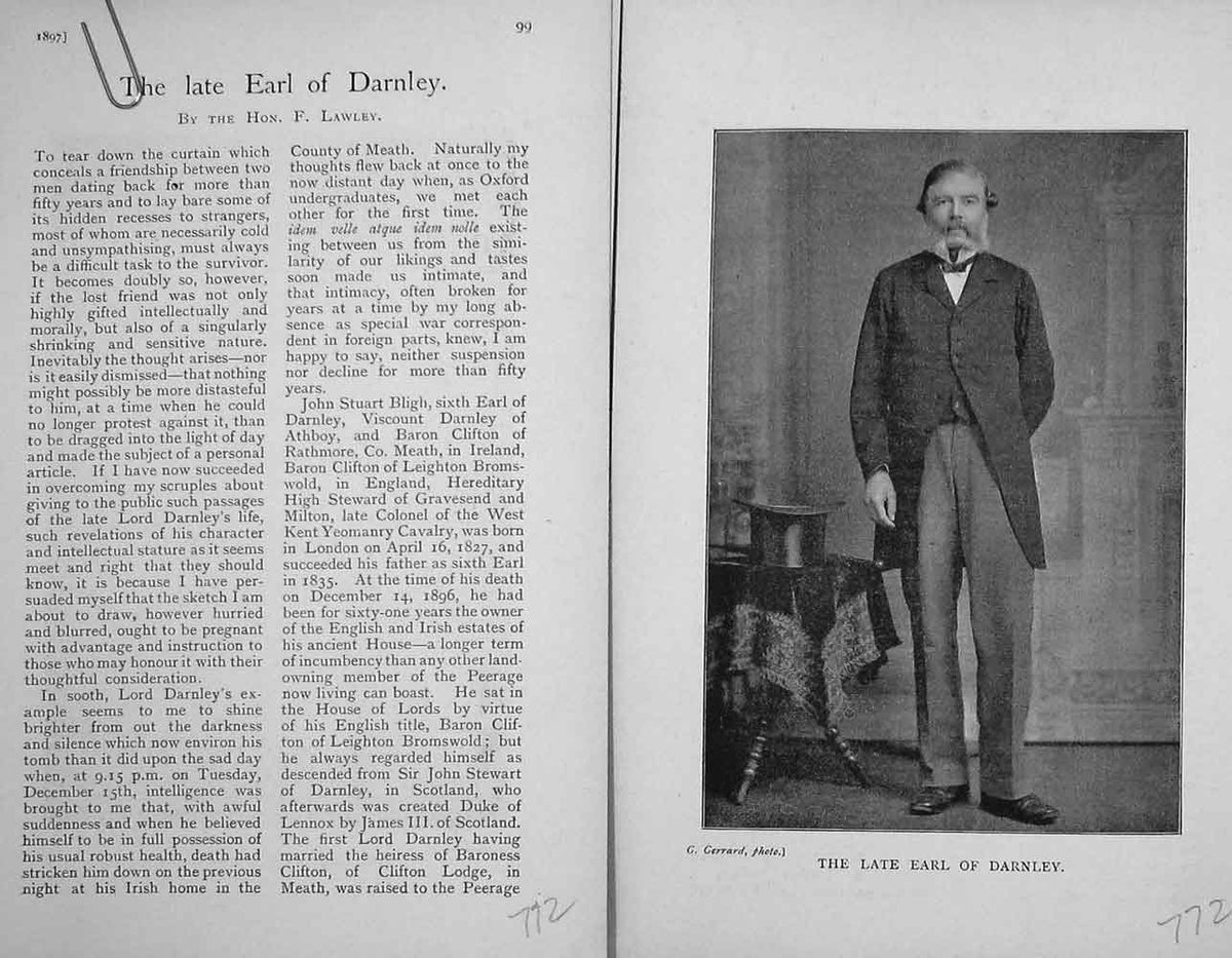 Original Old Antique Print Earl Darnley Sportsman Portrait 1897 Baily'S 19th