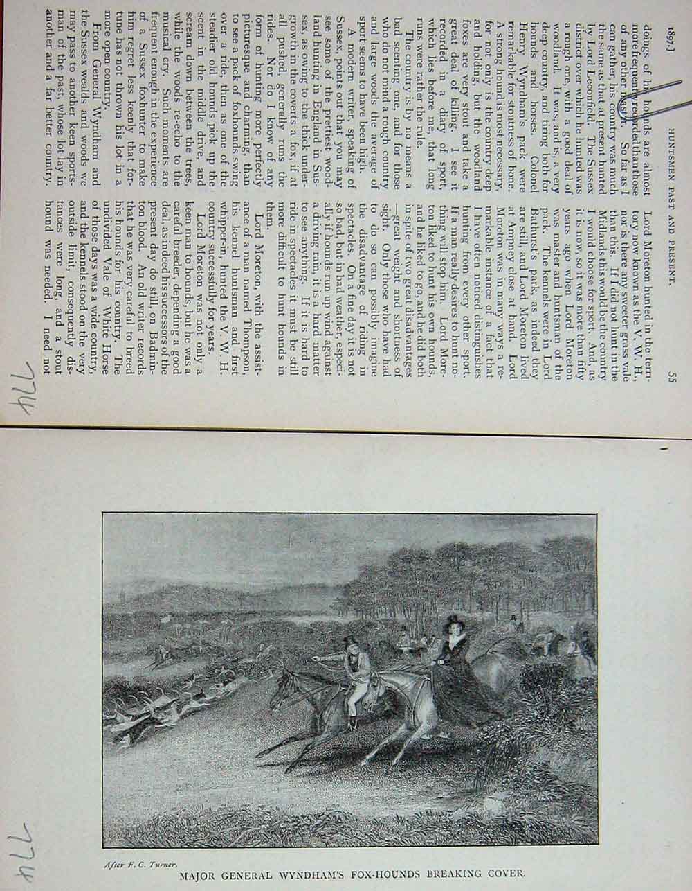 Original Old Antique Print Major General Wyndhams Fox Hounds Sport Hunting 1897