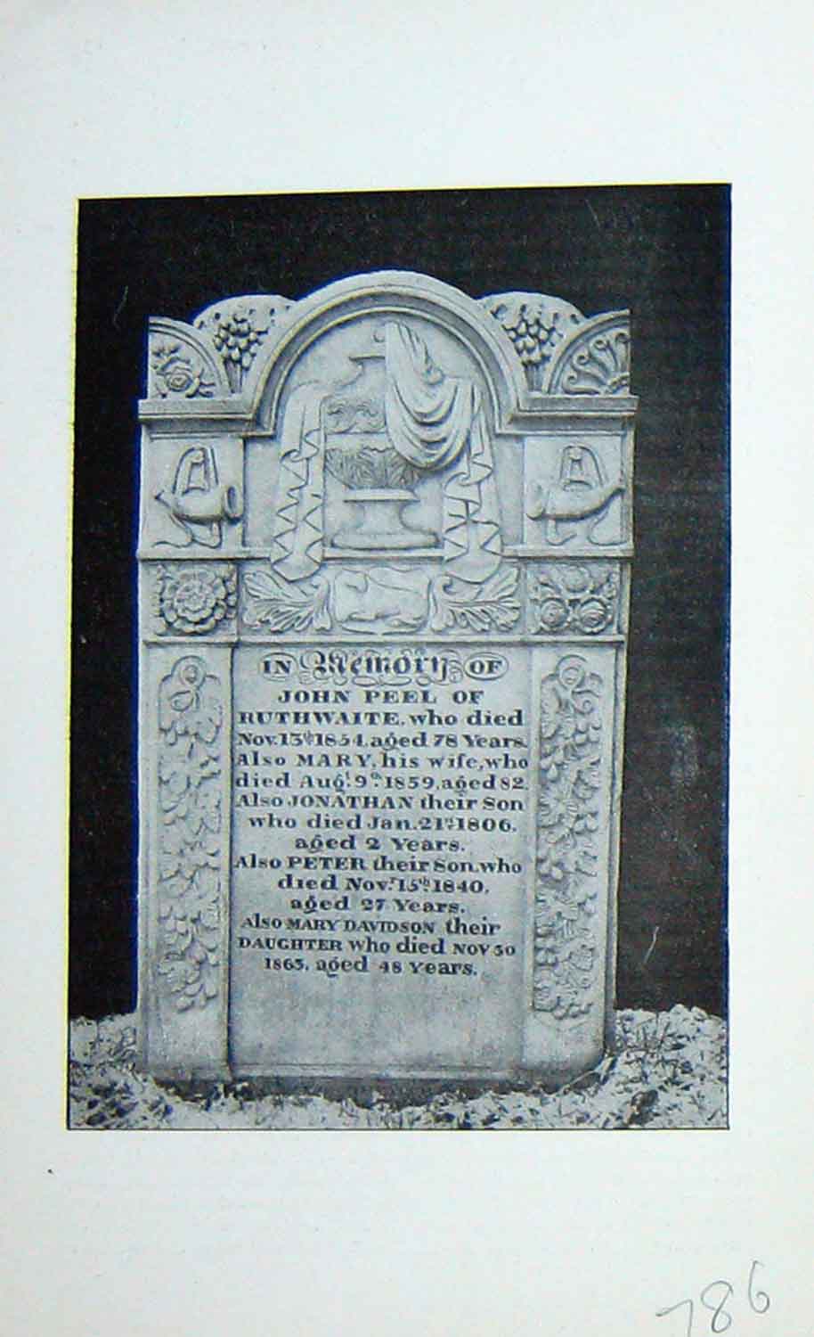 Original Old Antique Print Gravestone John Peel Ruthwaite Mary Peter Photo 1897
