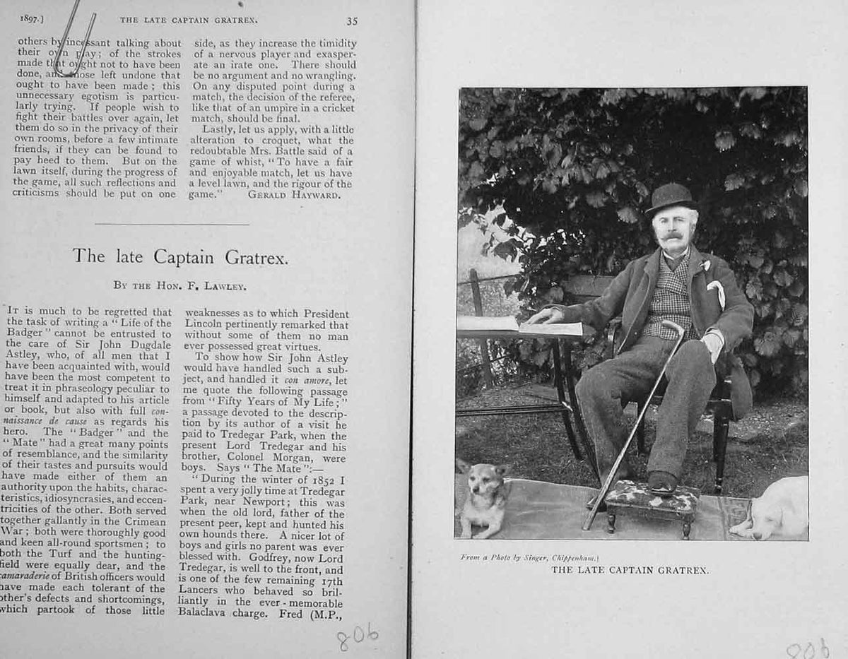 Original Old Antique Print Portrait 1897 Late Captain Gratrex Man Dogs 19th