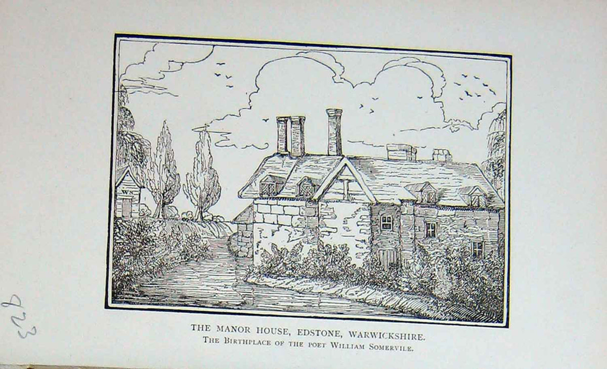 Old Antique Print Manor House Edstone Warwickshire Poet Somerville 1897 19th