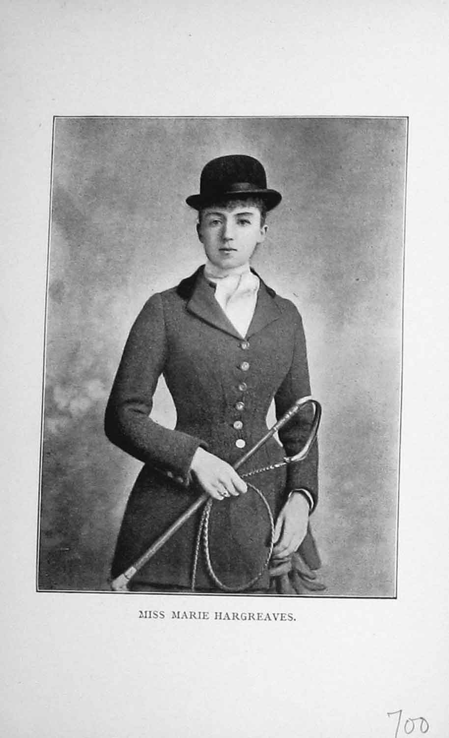 Original Old Antique Print Portrait 1896 Miss Marie Hargreaves Sportswoman 19th