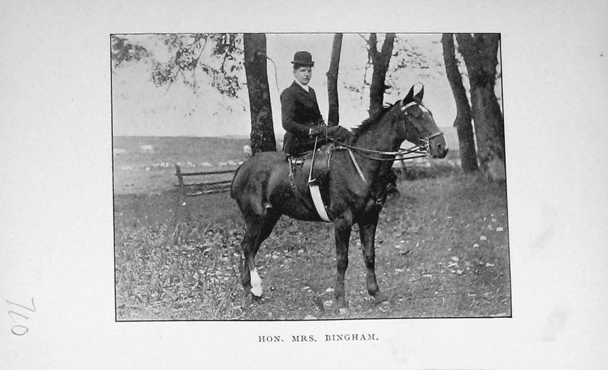 Original Old Antique Print Portrait 1896 Hon Mrs Bingham Horse Hunting 19th