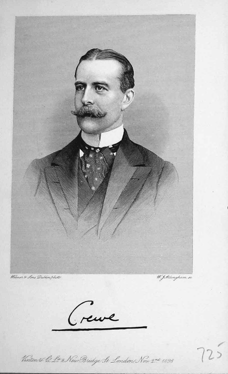 Original Old Antique Print Portrait 1896 Crewe Man Baily'S Magazine Victorian