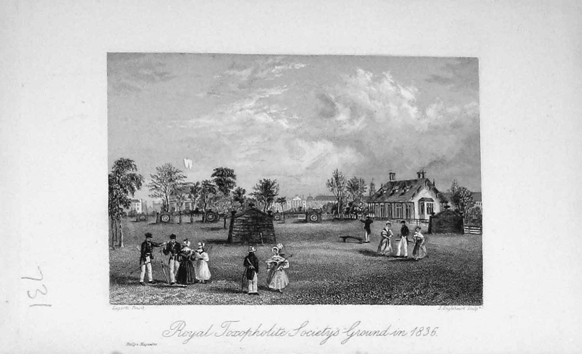 Original Old Antique Print Royal Toxopholite Society Ground Shooting Sport 1896