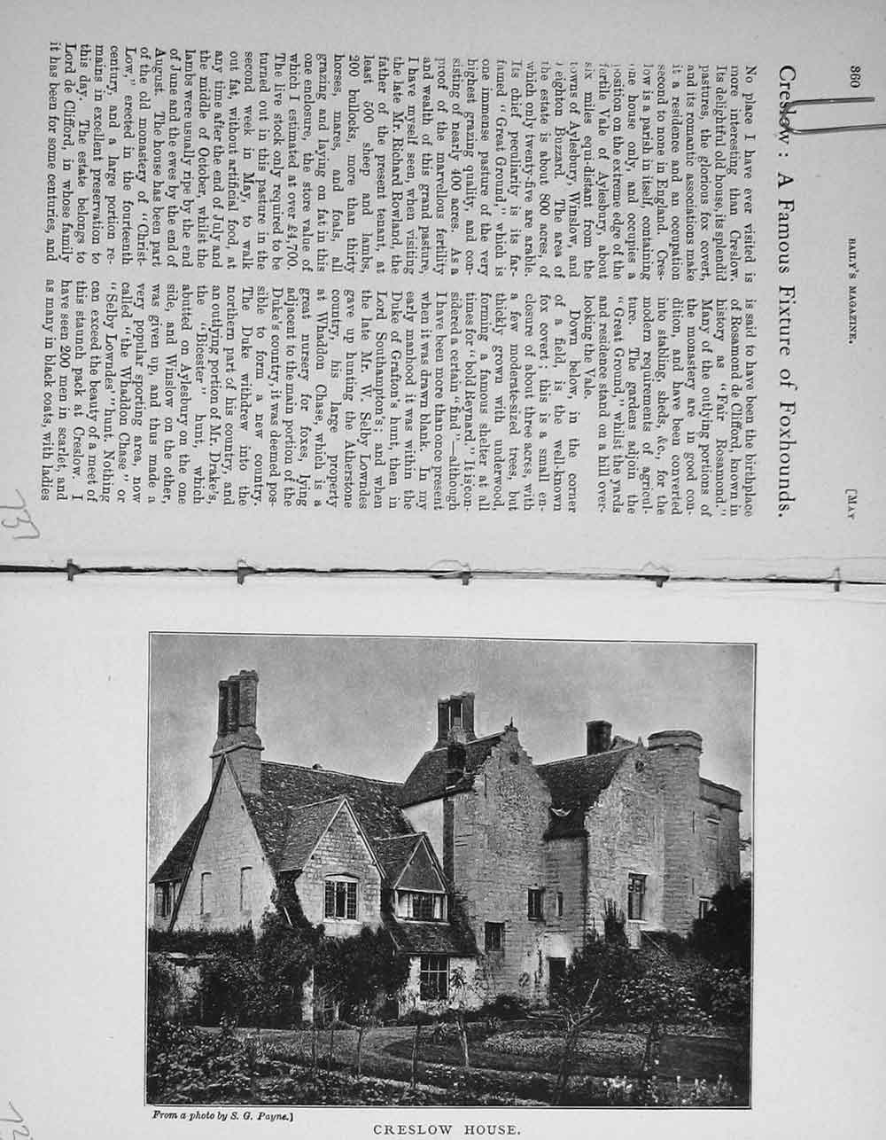 Original Old Antique Print Photograph 1896 Creslow House Baily'S 19th