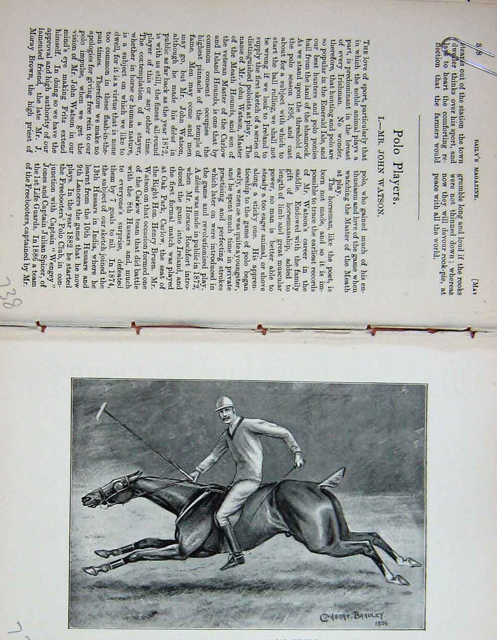 Original Old Antique Print Portrait 1896 Mr John Watson Fritz Polo Horse 19th