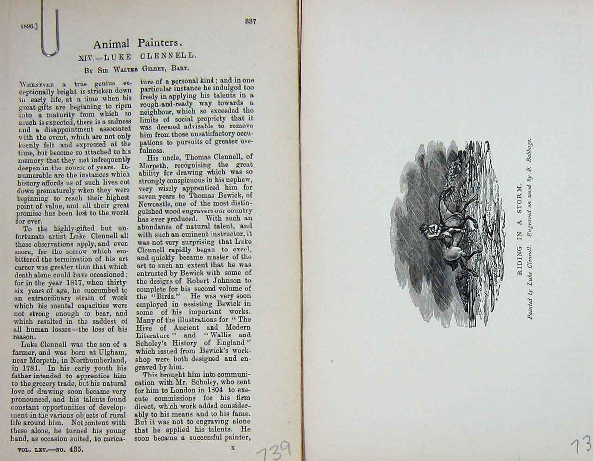 Old Antique Print Baily'S Magazine 1896 Man Horse Storm Clennel Babbage 19th