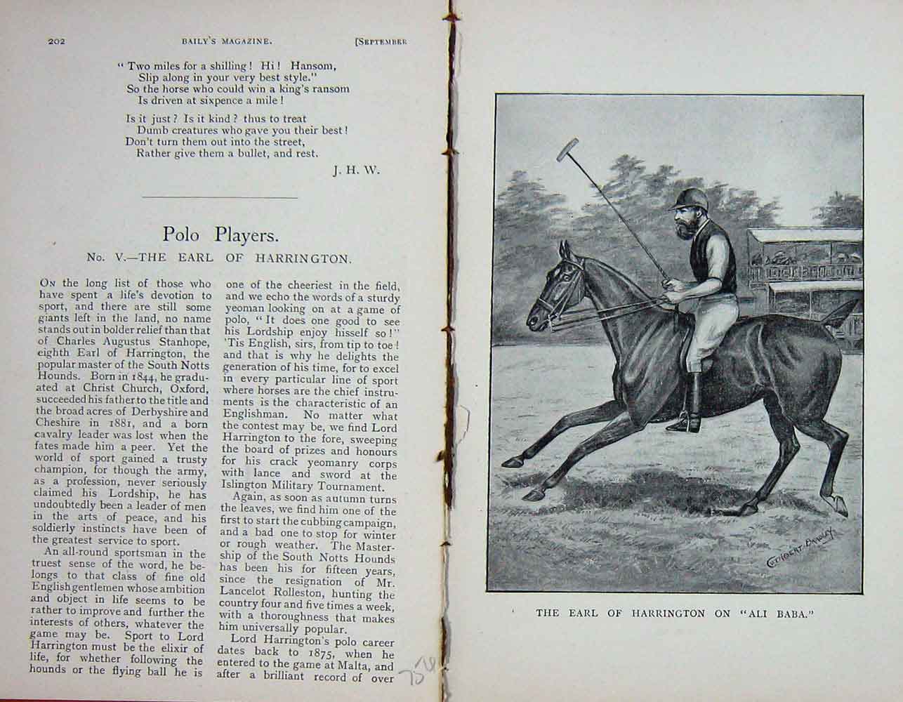 Original Old Antique Print Portrait 1896 Earl Harrington Ali Baba Horse 19th