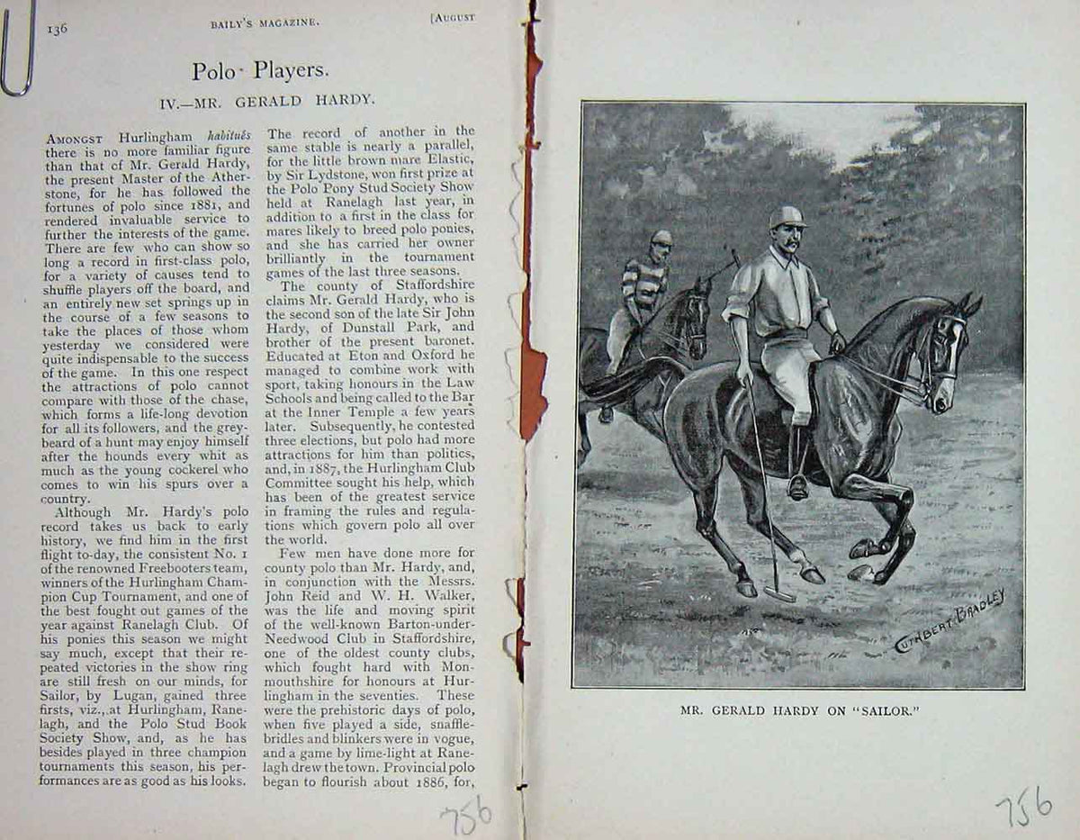 Original Old Antique Print Portrait 1896 Mr Gerald Hardy Sailor Horse Victorian