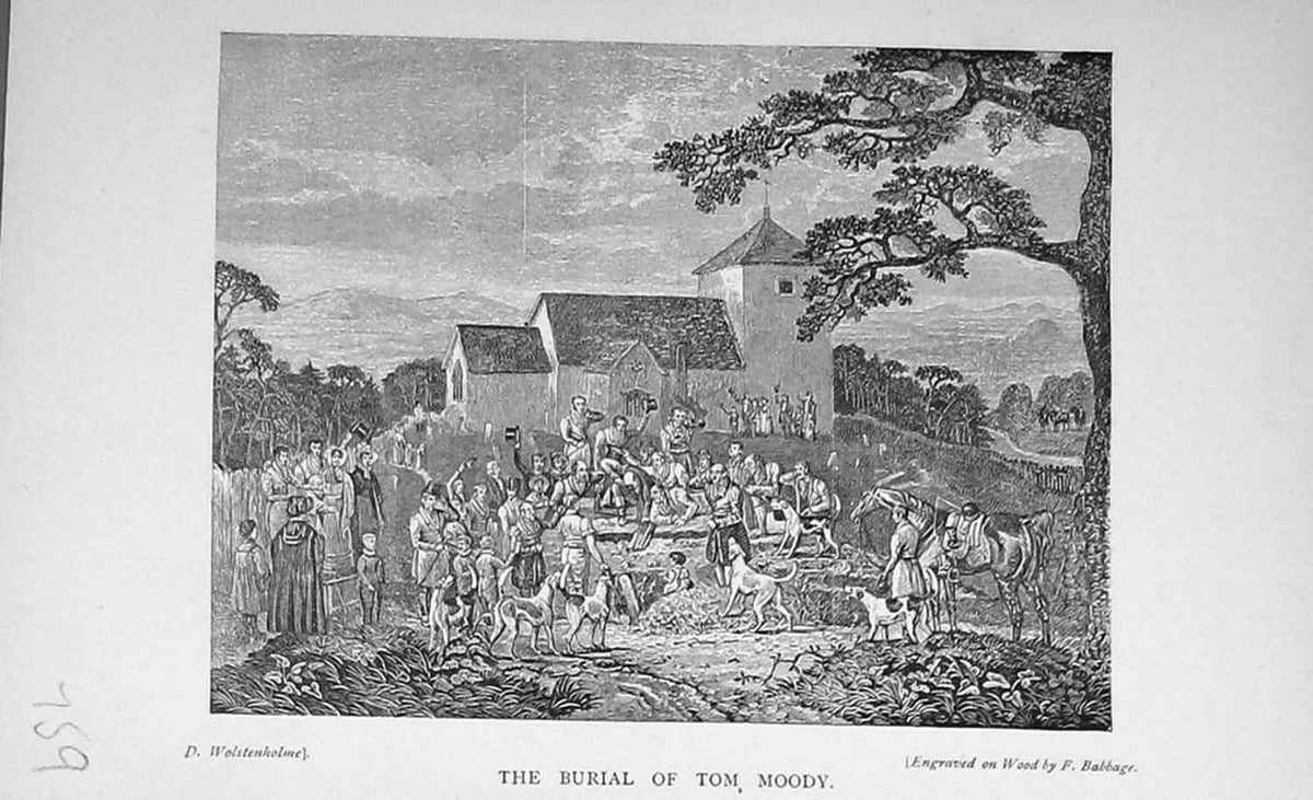 Original Old Antique Print Scene Burial Tom Moody Grave Church Horse Dogs 1896