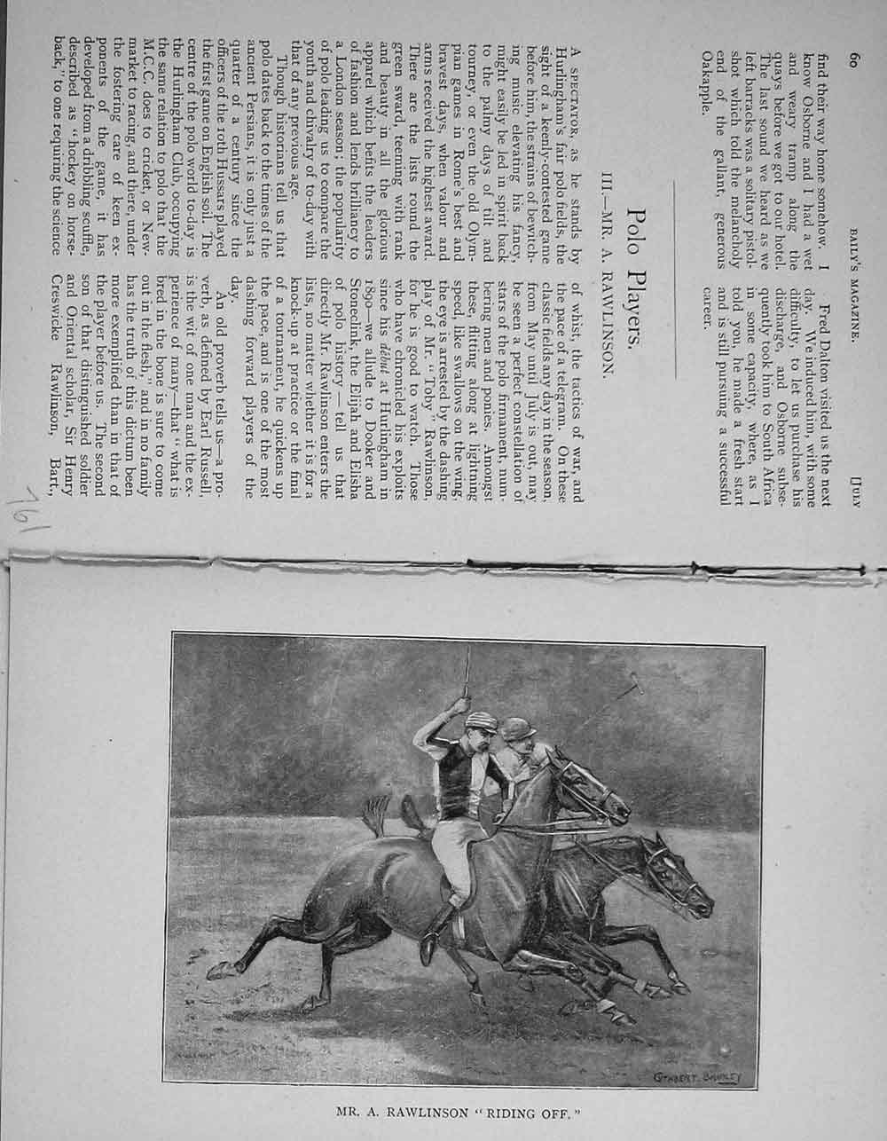 Original Old Antique Print Portrait 1896 Polo Players Rawlinson Horse Victorian