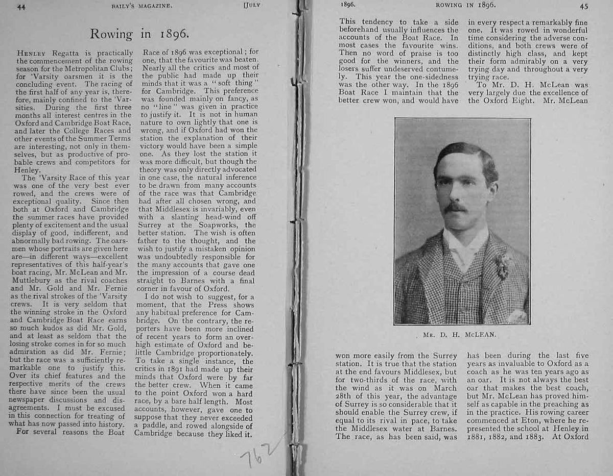 Original Old Antique Print Portrait 1896 Rowing Sport Mclean Gould Fernie 19th