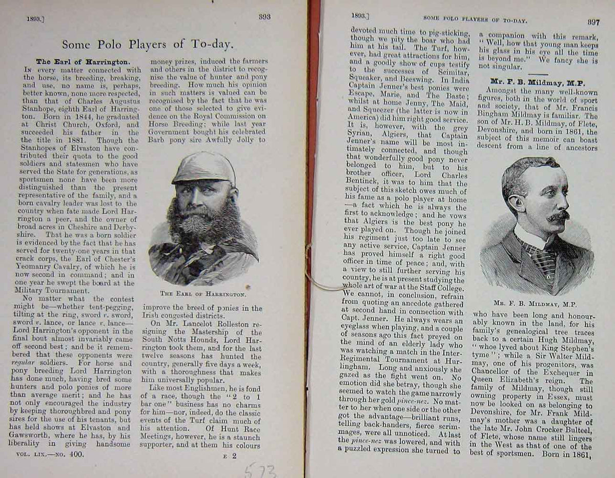 Old Antique Print Polo Players 1893 Harrington Herbert Mildmay Peat Sport 19th