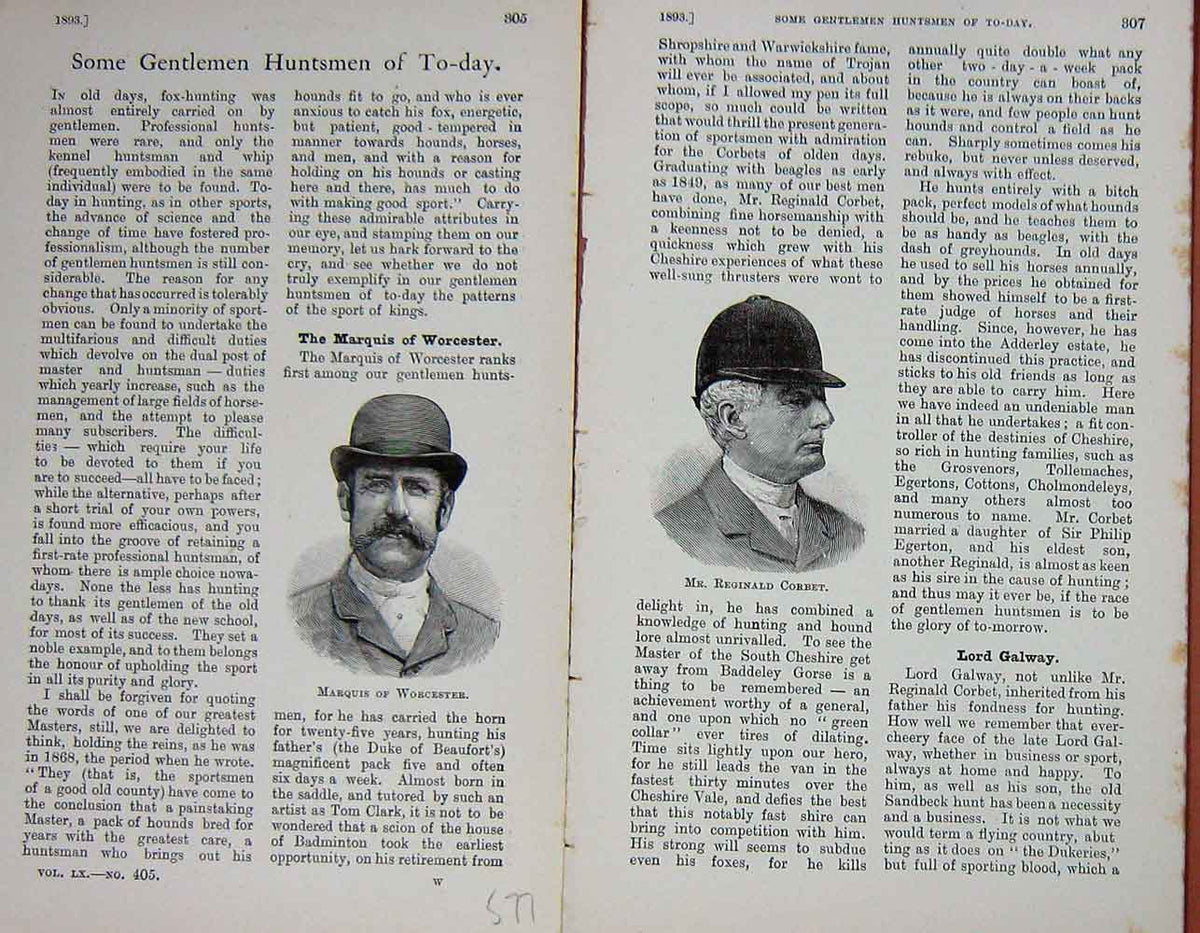 Original Old Antique Print Booklet 1893 Huntsmen Marquis Worcester Corbert Pole