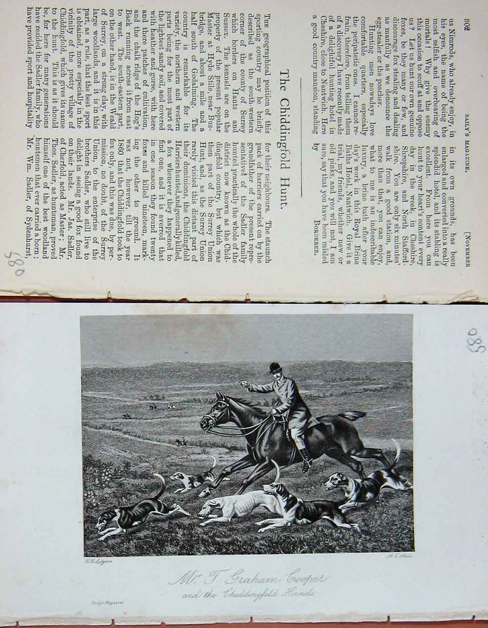 Original Old Antique Print 1894 Mr Graham Cooper ChiddingfHounds Hunting 19th