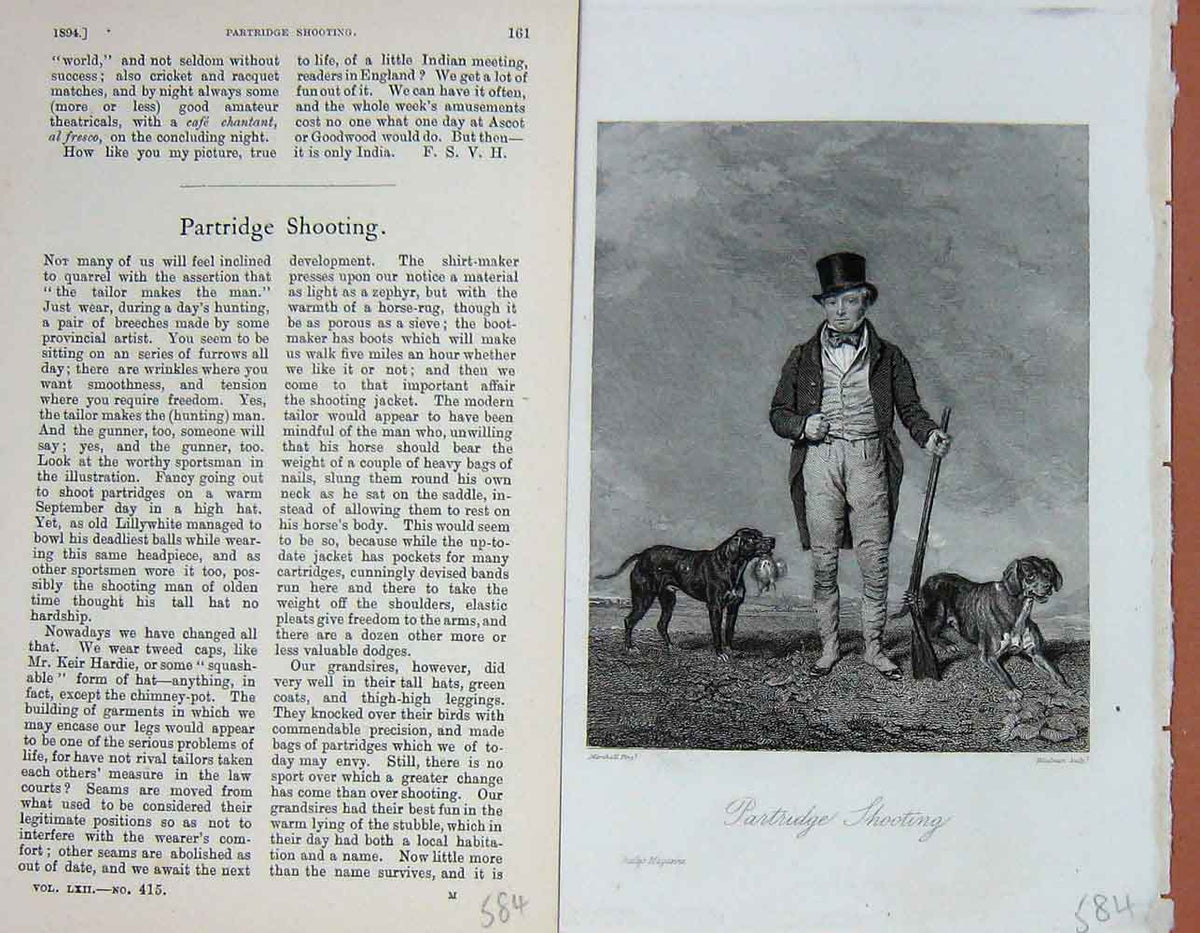Original Old Antique Print Portrait 1894 Man Partridge Shooting Sport Victorian