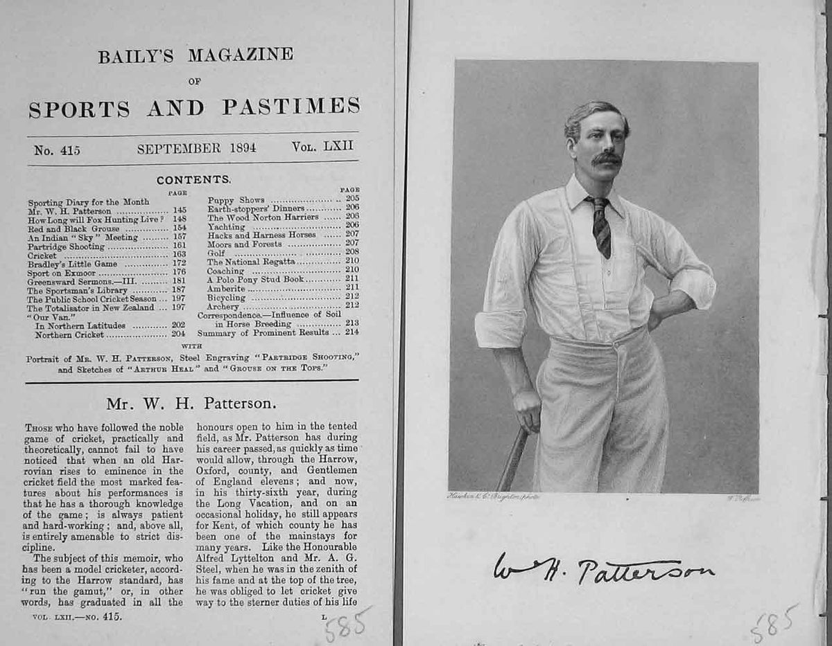 Original Old Antique Print Portrait 1894 Mr W.H Patterson Sportsman Victorian