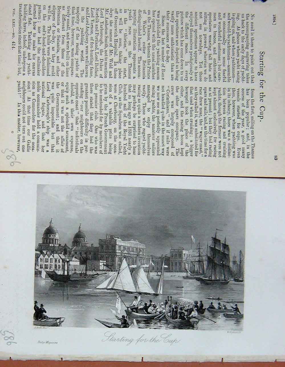 Original Old Antique Print Boat Race Sport 1894 Sailing River Baily'S Magazine