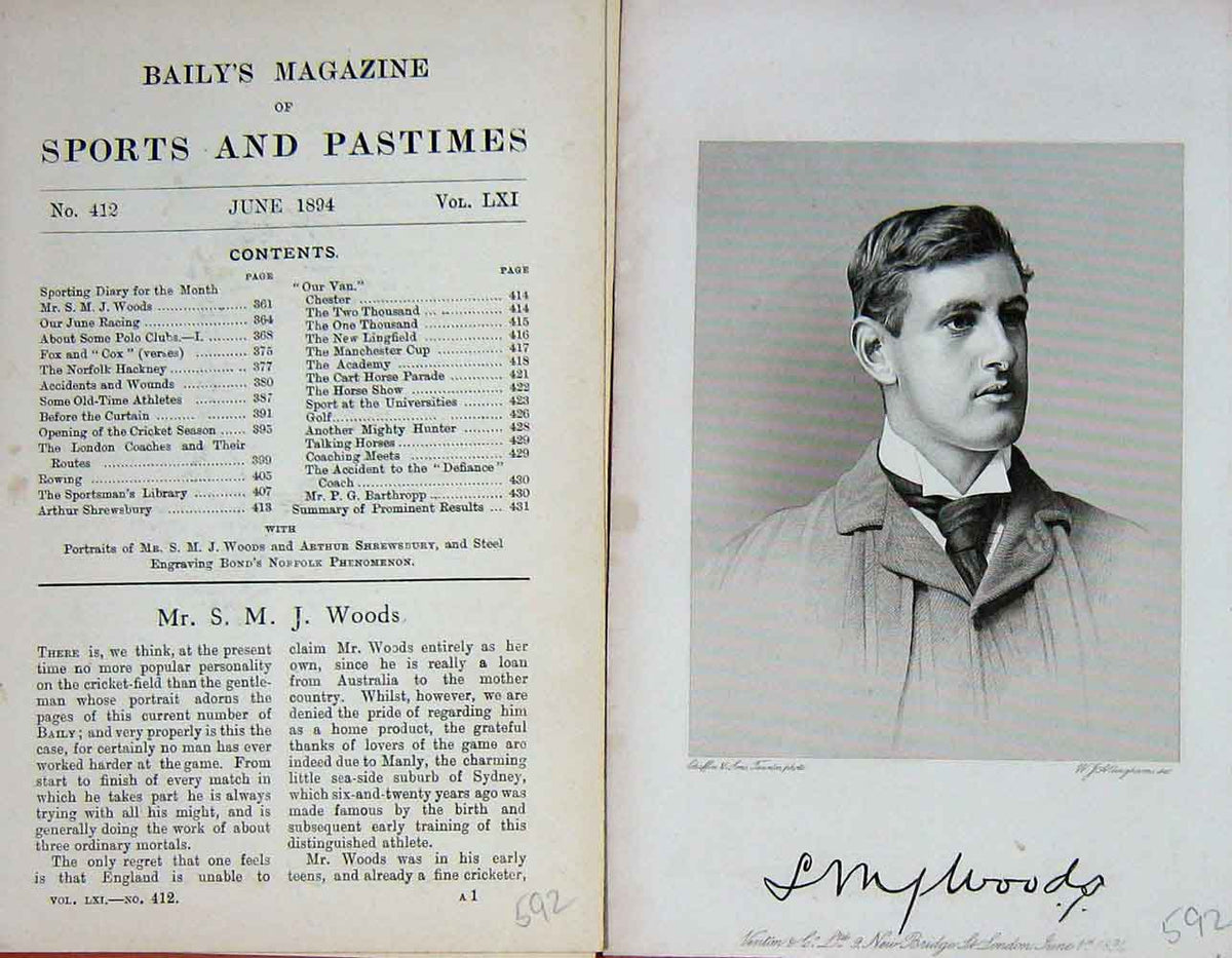Original Old Antique Print Mr S.M.J Woods Cricket Sportsman Portrait 1894 19th