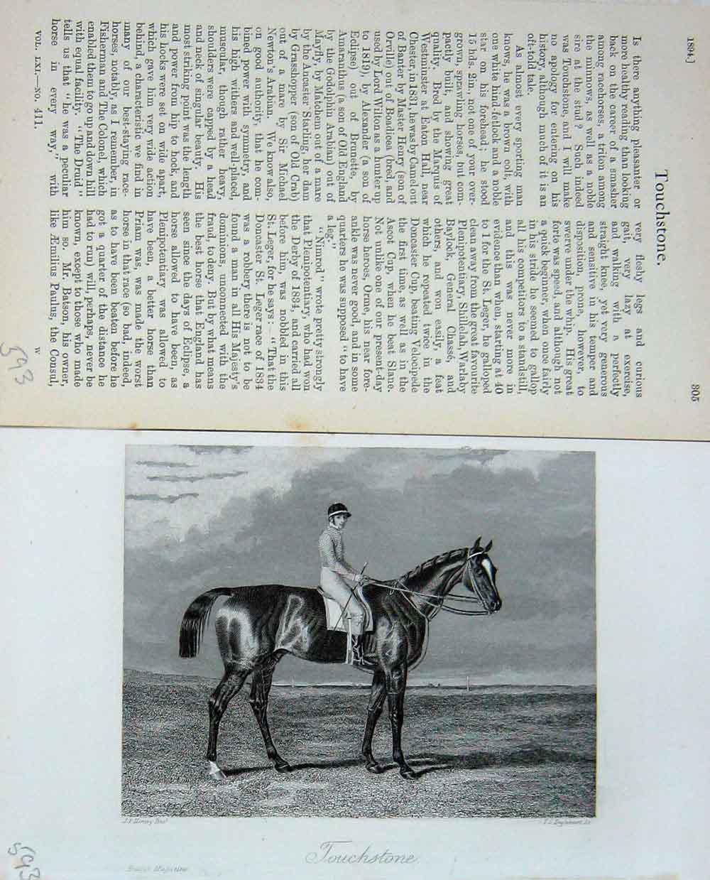 Original Old Antique Print 1894 Touchstone Horse Racing Jockey Sport Baily'S