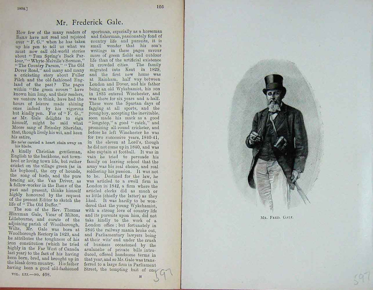 Original Old Antique Print Portrait 1894 Mr Fred Gale Sportsman 19th