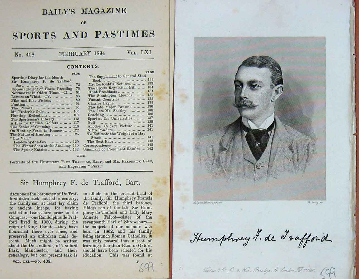 Original Old Antique Print Portrait 1894 Sir Humphrey Trafford Bart Victorian
