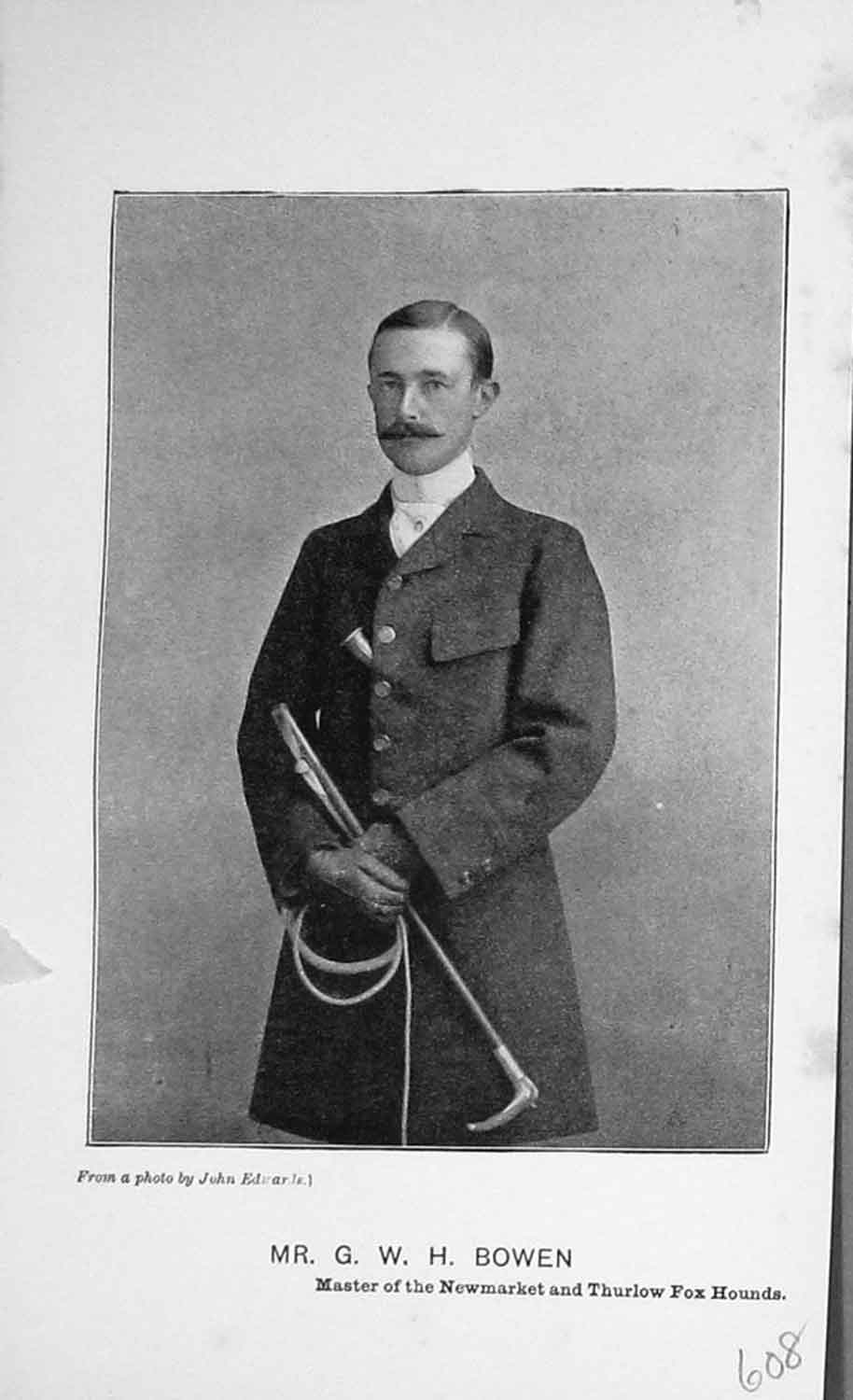 Original Old Antique Print Portrait 1894 Mr G.W.H Bowen Thurlow Hounds 19th
