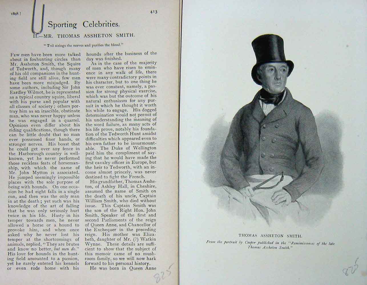 Original Old Antique Print Portrait 1898 Thomas Assheton Smith Sportsman 19th