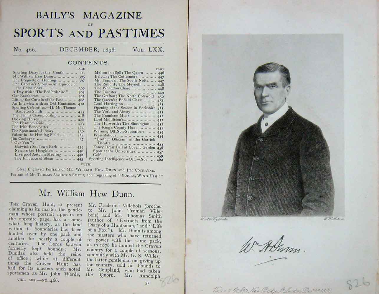 Original Old Antique Print Portrait 1898 Mr William Hew Dunn Sportsman 19th