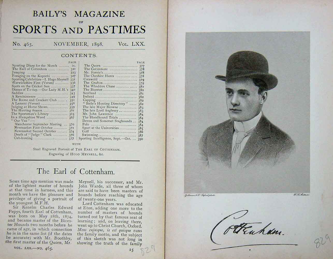 Original Old Antique Print Portrait 1898 Earl Cottenham Sportsman Victorian