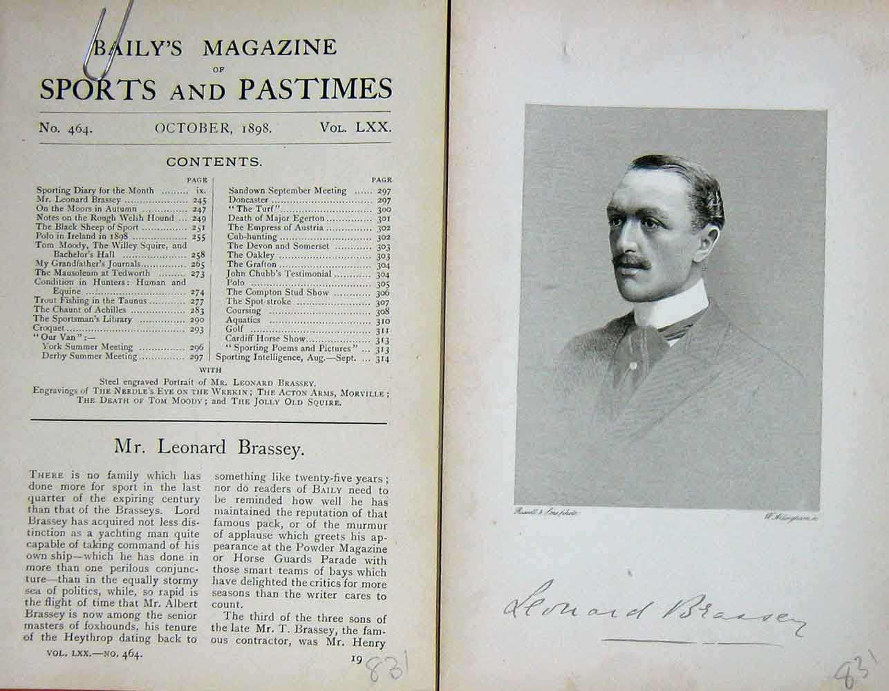 Original Old Antique Print Portrait 1898 Mr Leonard Brassey Sportsman Victorian