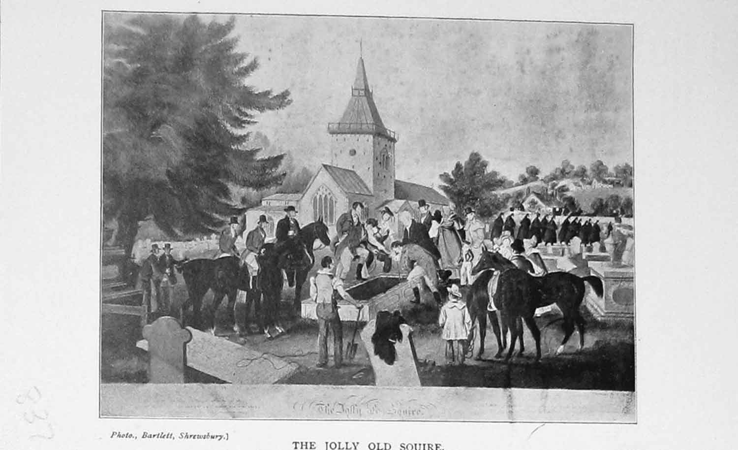 Original Old Antique Print Jolly Squire 1898 Church People Horse 19th